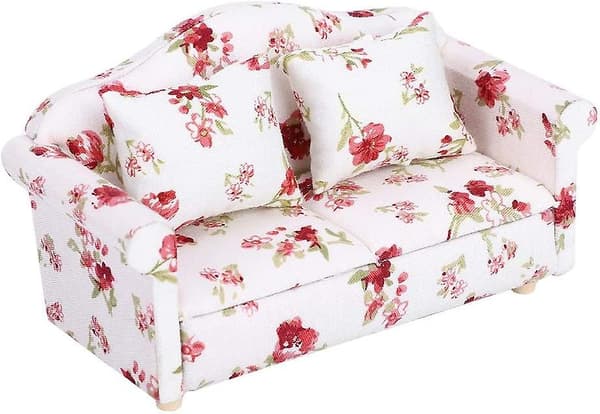 Dockhusmöbler soffa, 1/12 blommönster mini möbler soffa, lämplig för tillbehör
