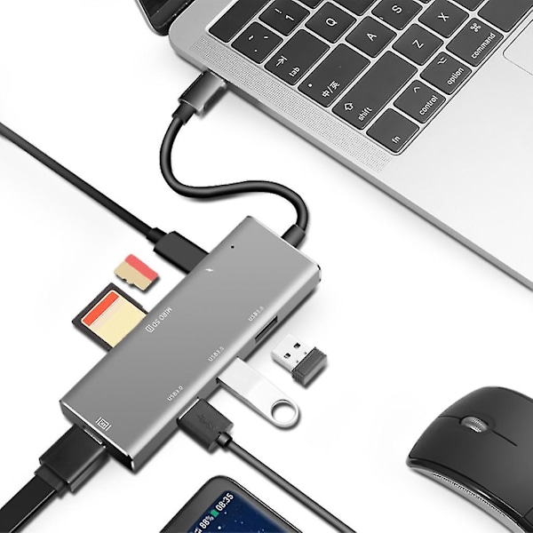 USB Hub 3.0 7-i-1 100W PD Dock Splitter med Kortläsare för Windows, för Mac