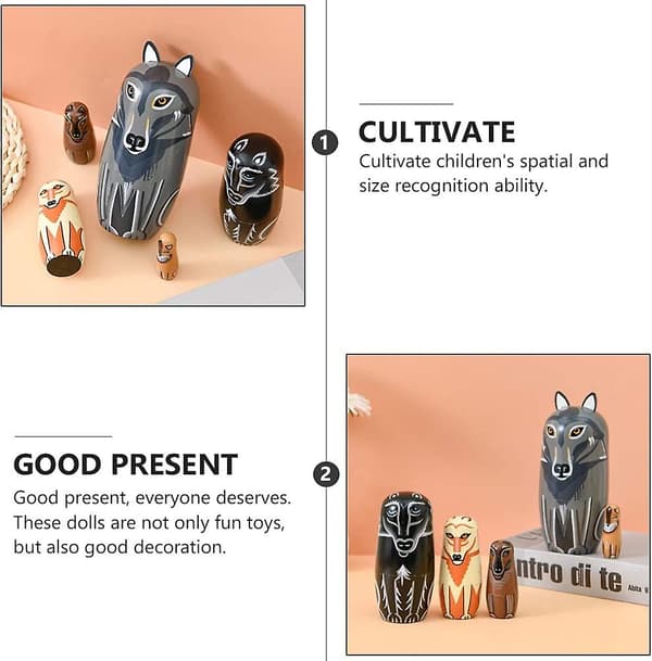 Aminal Nesting Doll, Trädocka i Ryssland i Trä Målad för Hand