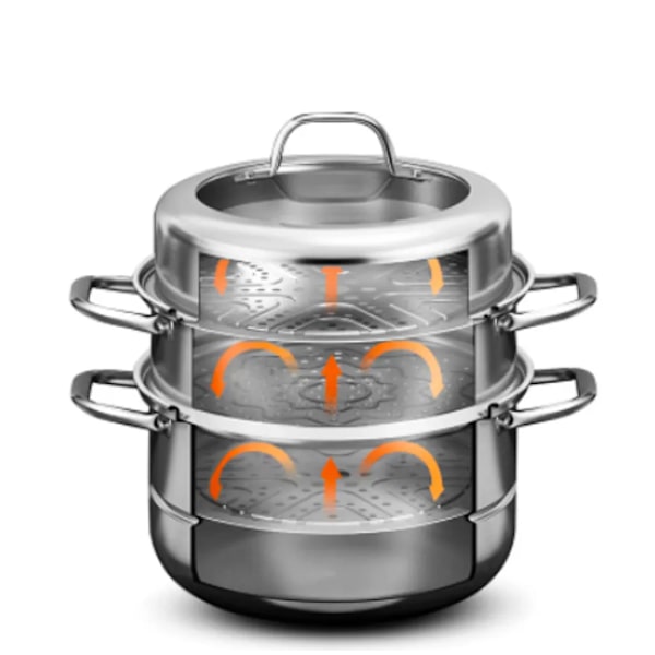 3-lagers ångkokare ångkokare kött och grönsakspotta kastrull Ø 28cm rostfritt stål induktionskokkärl ångkokare med lock