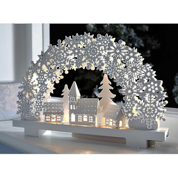 Snöflinga båge och by scen bord juldekoration, trä, vit
