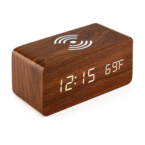 Trådlös digital väckarklocka i trä med trådlös laddning, justerbar ljusstyrka och alarmvolym, vardag/helg-läge, dubbel alarm, 12/24h, trä LED C