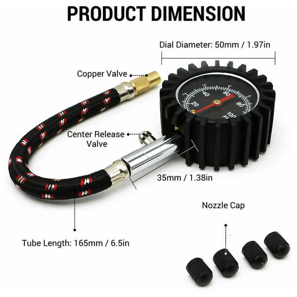 0100PSI Bil Däcktrycksmätare Däcktrycksmätare Däcktrycksmätare Däcktrycksmätare Tryckövervakningsmätare med 165 mm Luftslang
