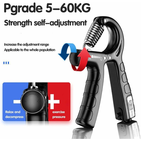 Handgrepp, handmuskeltränare med räkning, 5-60 kg justerbar räkningshandgrepp motstånd fingertränare handledstränare