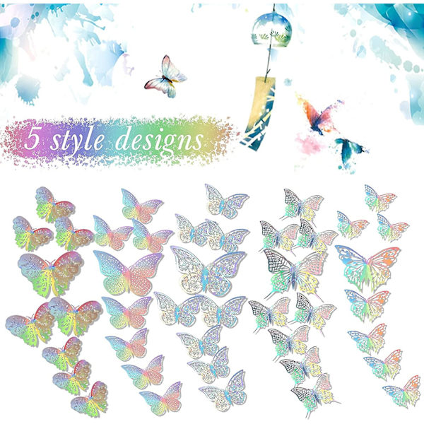 120 Stykker 5 Stilarter 3D Hule Butterfly Vægstikker Dekorative Vægskunst Vægsticker 3 Størrelser Til Værelse Hjem Børneværelse Klasseværelse Kontorer Soveværelse Bad