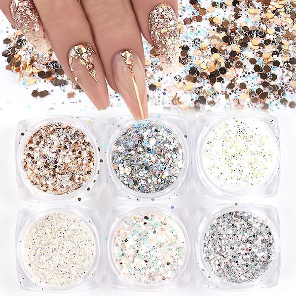 Holo-Neglekunst Sequins Glitter Sæt 6 Kasser 3D Negle Glitter Metallic Skinnende Flager Akryl Pulver Støv Sequins Til Negle Dekoration Holografi