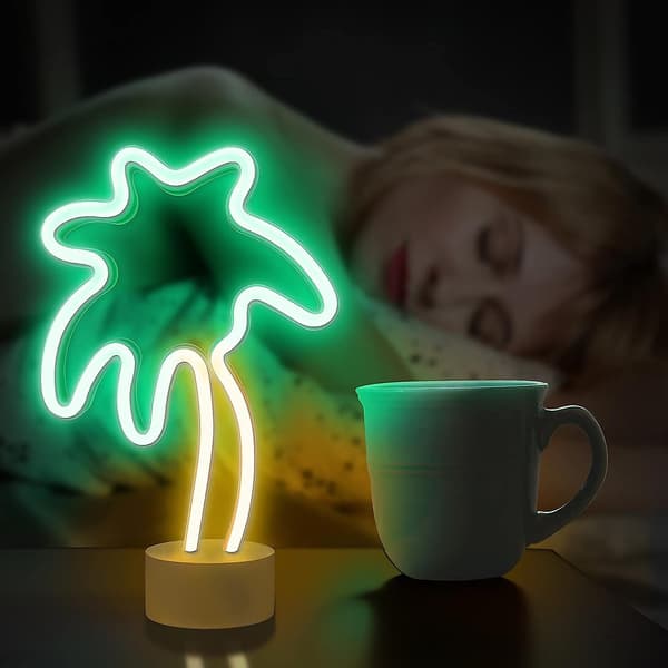 Lumoonosity Palm Tree Lights Neonskyltar - Batteri/USB-driven LED Palm Tree Light - Palm Tree Lampa med Stativ - Grön&gul LED-skylt