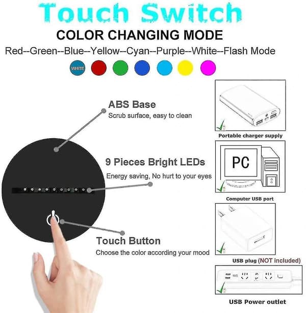 Fly Natlys 3d Illusion Lampe 7 Farveskiftende Touch Control Med Usb Kabel Led Ta