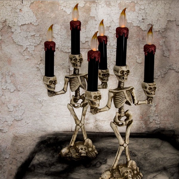 Halloween Candelabra Ljus LED-lampor Skelett Dödskalle Flamlös Hållare Batteridriven Flimrande Spöklik