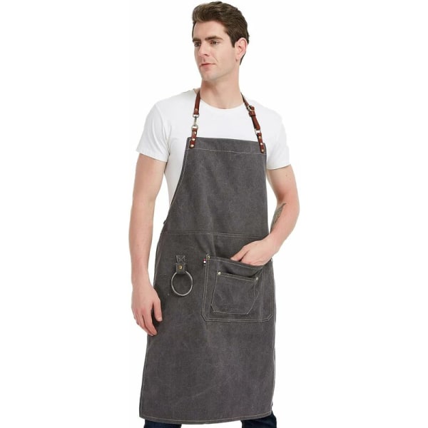 Unisex i grå denim med läderrem, för matlagning och grillning, med fickor, storlek M