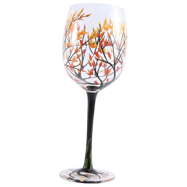 1 st Vin Glas med Höstträd - Höstfärger - Röda, Gula, Orange Löv - Handmålat - Höstlöv