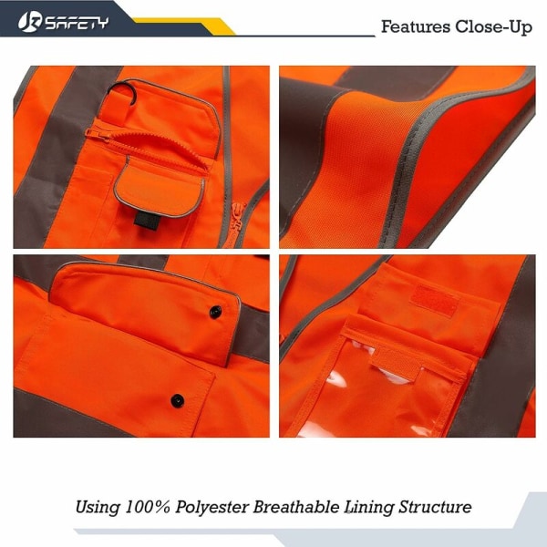 9-fickor Klass 2 Hög Synlighet Väst med Främre Reflekterande Remsor, Orange Uppfyller EN ISO 20471 Standarder - Unisex (X-Large)