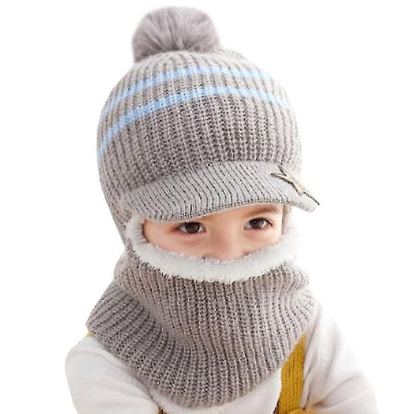 Barn Balaclava Mössa Halsduk Fleece Mössa Pom Ski Beanie Hattar (Grå)