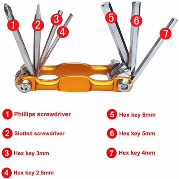 7 i 1 Multifunktionellt cykelreparationsverktyg, Mini cykel multiverktygssats, Fällbart bärbart cykelunderhållsverktyg (Guld)