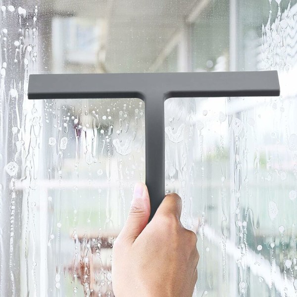 Silikoneskraber til brusebad med rustfrit stålkern, skraber til rengøring af brusebadsglas, 22,7 x 21,5 cm, grå
