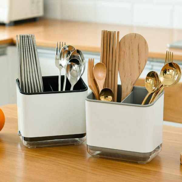 Köksbestickhållare, bestickhållare, multifunktionell bestickhållare med 3 fack för tömning av bestick (grå)