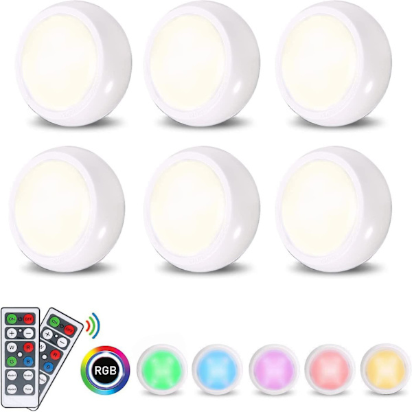 Garderobsbelysning, 6-pack LED-skåpsbelysning trådlösa LED-nattlampor med 2 fjärrkontroller för belysning av garderober, kök, sovrum, hallar, trappor etc.