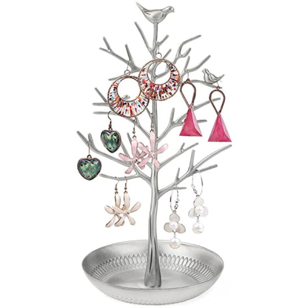 Småfågelträd Smycken Örhänge Halsband Display Stativ Smycken Förvaringstorn Legering Träd Display Stativ, Silver