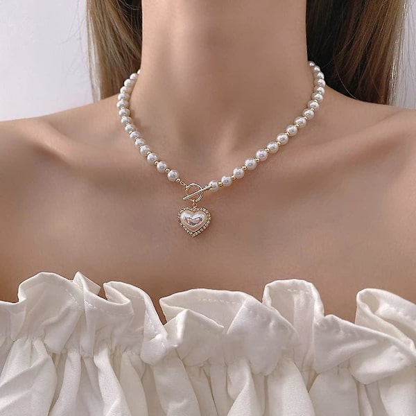 Halsband med hjärtformade pärlor, lämpligt för bröllopsfest, bröllopsdag, halsband med hjärtformad