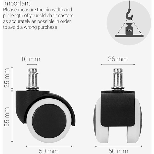 Kontorsstolsrulle - 5-pack Armrest Caster - 10/50mm Reservhjul - Tyst Sitsben för Hårda Golv - Vit