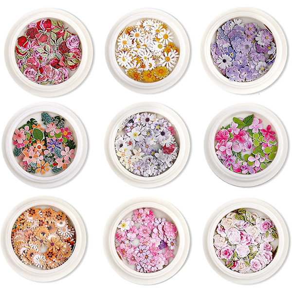 9 Bokser 450 stk 3D Blomster Nail Art Sekvens Dekaler (ikke Selvklebende Ikke Klistremerker) Fargerike Blandede Blomster Blad Design Skive Negl Flakes Ultra Flakes Se