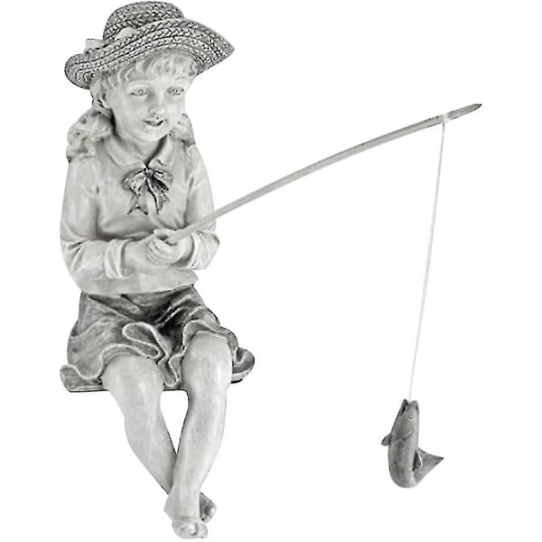Fiske Barn Skulptur, Trädgård Fiskare Staty Harts Fiske Flicka Skulptur Dekorativ Gård Fiske Barn Figurine Fiske Pojke Skulptur