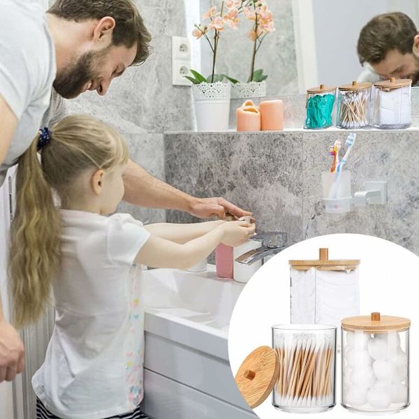 3-delt Akryl Q-tip Holder Rund Bomuldsvat Pindeboks Glas Bomuldsvat Kugle Kan Dispenser til Organisering af Personlige Badeværelsesrengøringstilbehør Yaekay120