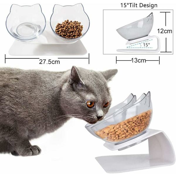 Kattmatskål, Dubbel kattmatskål, 15° lutningsbart stöd, halkfri, för att minska husdjurens nacksmärta, för katter och hundar (transparent)