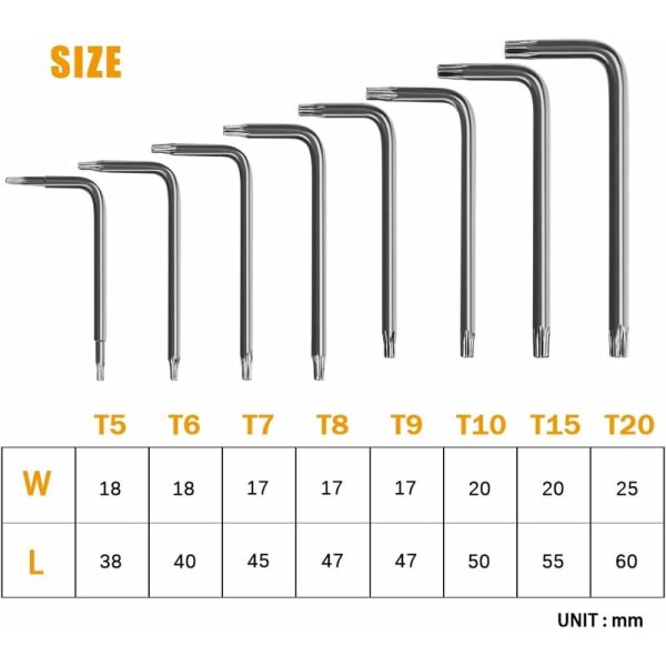 Torx Vinkelsnycklar, 8-delars Torx Allen-nyckelset, T5 T6 T7 T8 T9 T10 T15 T20 Stjärnskruvmejsel, Nyckelset Handverktyg Torx Hex-nycklar