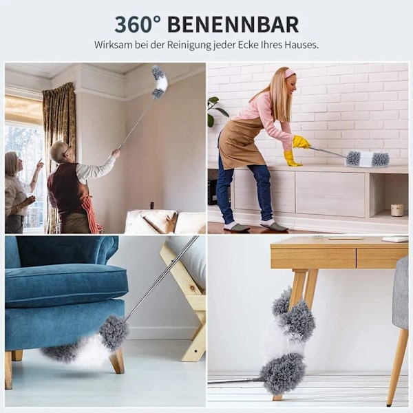 Fjädervippset teleskopiskt set med 2 huvuden mikrofiberdammmopp tvättbar, långt rostfritt stål teleskophandtag 45-257cm