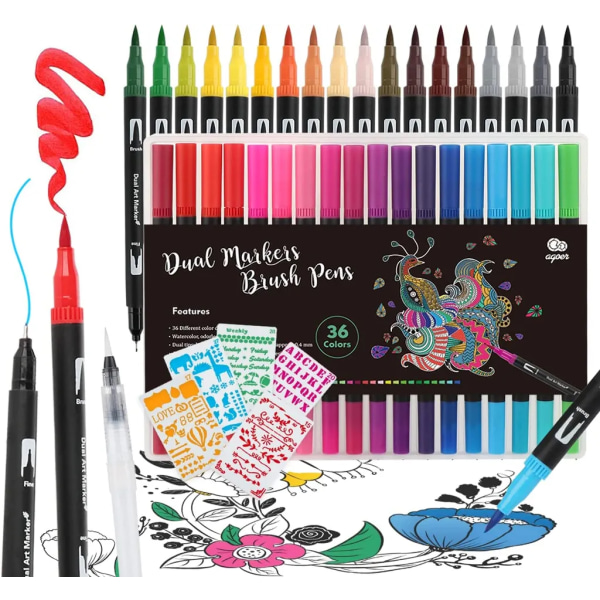 Premium Art Filt Pen Set - 36 färger Dual Brush Pen Marker Fineliner med 5 schabloner + 1 vattentankborste för manga, kalligrafi, målning