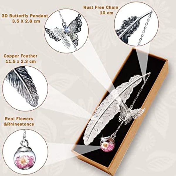 Silver Feather Bokmärke Rosa Hänge, Present till Läsare Silverfjäder Rosa