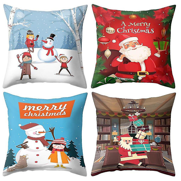 Jultryckt Kuddfodral Polyester Soffa Bil Kuddeöverdrag Heminredning 4st