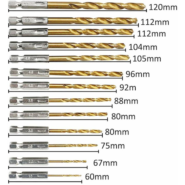 HSS-spiralborr 13 st HSS-spiralborr med titanbeläggning 1,5 mm-6,5 mm för borrning i trä/metall/plast