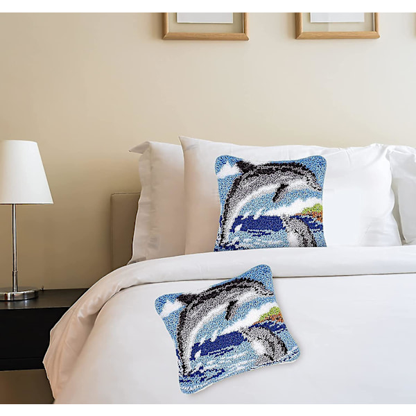 Gör-det-själv örngott handtryckt broderi set virka tråd hantverk 16 x 16 tum delfin