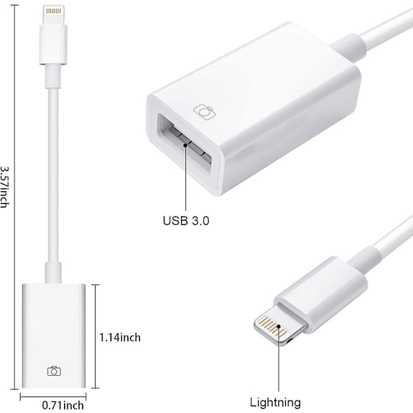 Lightning til USB kameraadapter Lightning hunn USB OTG kabeladapter for utvalgte iPhone, iPad modeller Støtter tilkobling av kamera, kortleser, USB-minnepenn