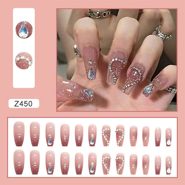 Manikyrset, Press-on Medium Nails, Glasfranska Spetsar, 24-delars Set med Falska Naglar