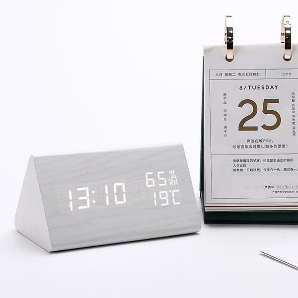 Led Hygrometer Väckarklocka Led Träklocka Triangel Elektronisk Digital Klocka Trä Hygrometer Vit Trä