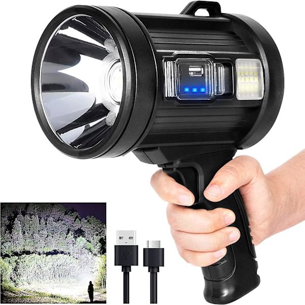 Uppladdningsbar strålkastare, handhållen jaktficklampa LED-strålkastare med COB-ljus och solpaneler, lätt och superljus strålkastare för jakt