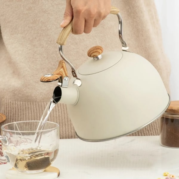 2,5L Vattenkokare Visselpipa Trä Vattenkokare Induktion Tekanna Visselpipa Vattenkokare Tekanna Visselpipa Vattenkokare (Beige)