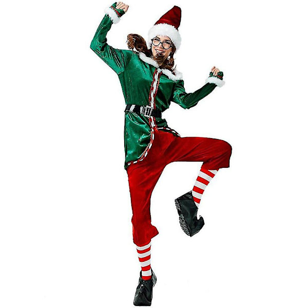 Deluxe 6pcs Damjulskostym Cosplay Jultomte Uniform Kostym för Vuxna Grön Tomtenisse Julhelg Fest Fancy DressM