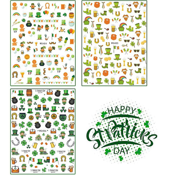 Självhäftande nagelkonstdekaler för St. Patrick's Day - Shamrocks, klöver, leprechauns, drakar, lycka till irländare