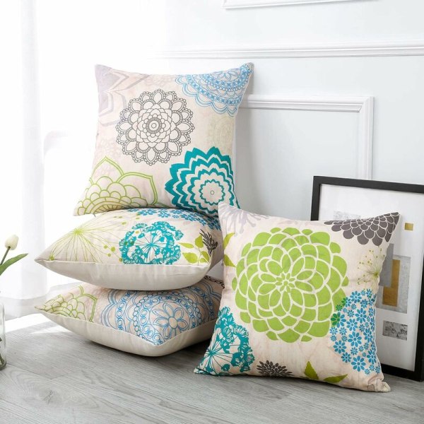 Kuddfodral, Triomphe Set om 4 Linnesoffkuddar för Hem Vardagsrum Sovrum Heminredning 45 x 45 cm (Dahlia Blå och Grön)