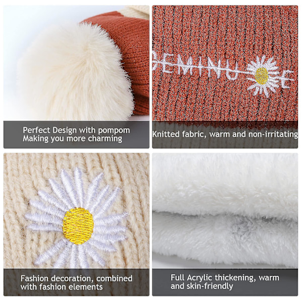 Mössmössor och set för kvinnor - 2st Vinter Pom Pom mössor för damer Thermal stickad mössa med manschetter Halsvärmare（E）