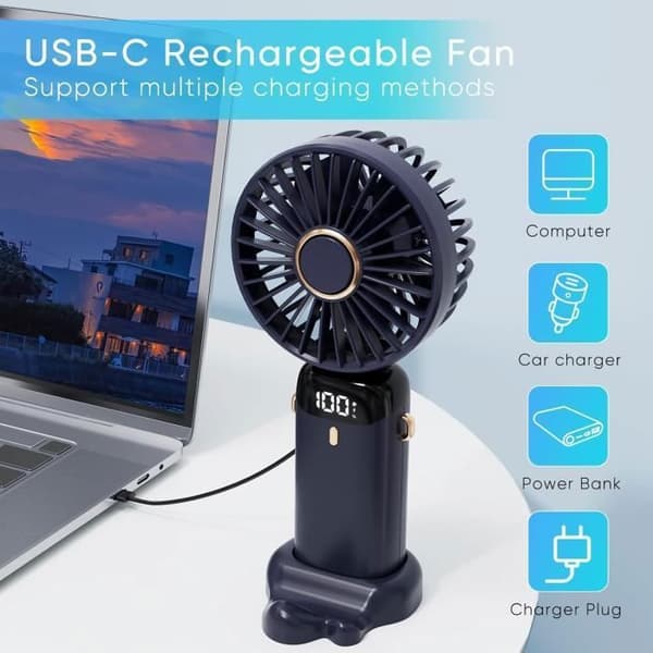 Mini bærbar USB-genopladelig ventilator 4000mAh sammenklappelig lommeventilator med 5 hastigheder og base til hjem og kontor, blå