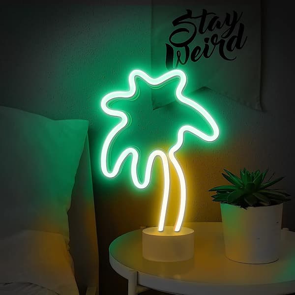 Lumoonosity Palm Tree Lights Neonskyltar - Batteri/USB-driven LED Palm Tree Light - Palm Tree Lampa med Stativ - Grön&gul LED-skylt