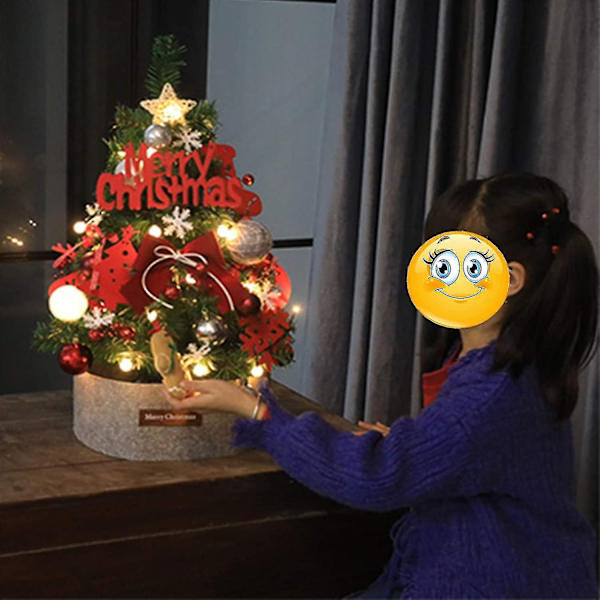 Dekorativt träd, konstgjord bordsjulgran med LED-prydnader med bas, belyst julgran för heminredning