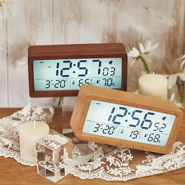 Digital väckarklocka Batteri Trä LCD Klocka med Bakgrundsbelysning Temperatur och Luftfuktighet Hem, Stil 1