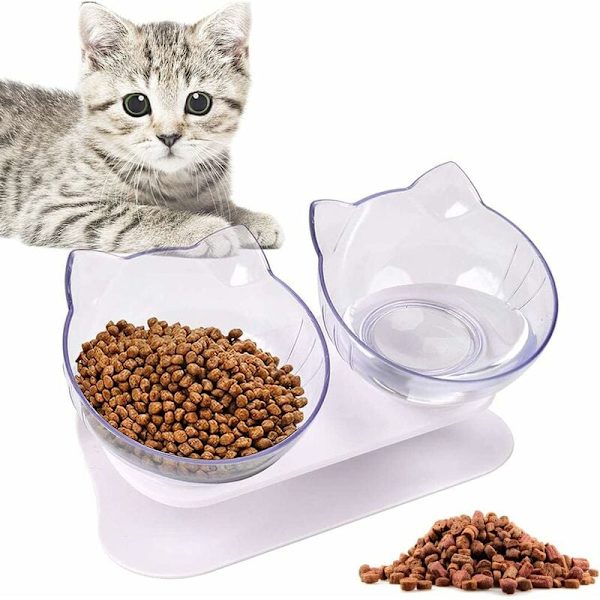 Kattmatskål, Dubbel kattmatskål, 15° lutningsbart stöd, halkfri, för att minska husdjurens nacksmärta, för katter och hundar (transparent)