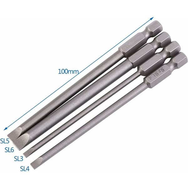 4 fladhovedede skruetrækkerbits 3mm-6mm magnetisk stållegering 1/4\" 100mm
